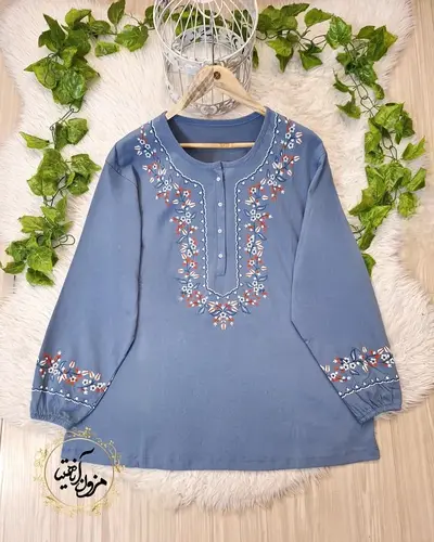 تونیک نخ پنبه آبی درباری طرح شکوفه ریز گلدار 