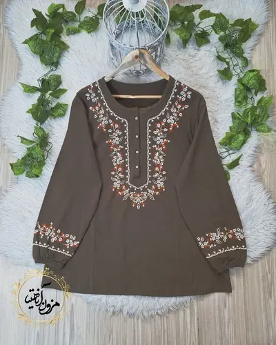 تونیک نخ پنبه حنایی طرح شکوفه ریز گلدار 