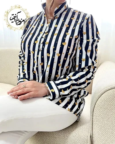 تونیک پنج دکمه راه راه سفید مشکی طرح قلب طلایی ریز و درشت سایز-5-تخفیفی