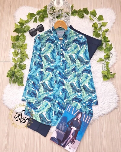 تونیک پنج دکمه سبز آبی طرح برگ رنگی سلما