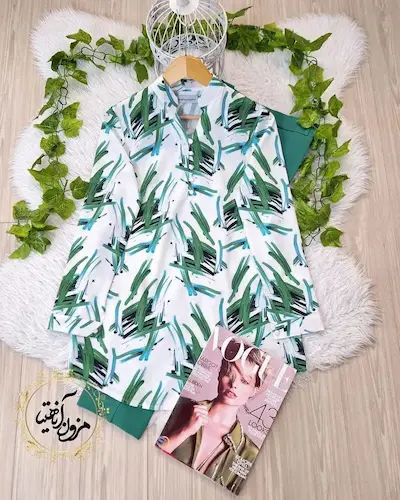 تونیک پنج دکمه سفید سبز طرح خطی آبرنگی  مهشید سایز-5-تخفیفی