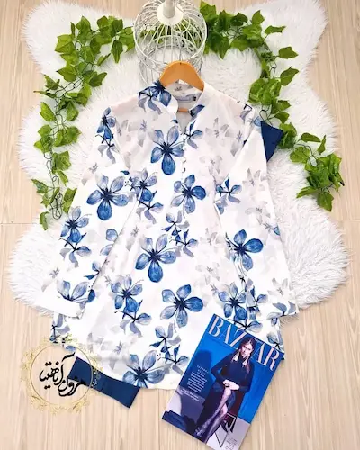 تونیک پنج دکمه سفید سرمه ای سایز بزرگ طرح گلدار محیا سایز-5-تخفیفی