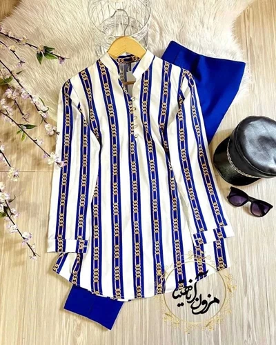 تونیک پنج دکمه سفید طرح راه راه زنجیری کاربنی سایز-4-تخفیفی