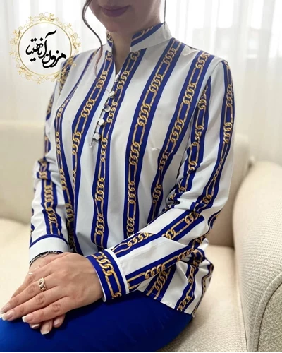 تونیک پنج دکمه سفید سایز بزرگ طرح راه راه زنجیری کاربنی