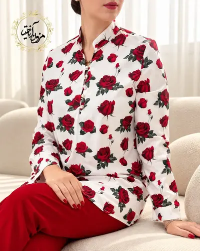 تونیک پنج دکمه سفید طرح گل رز قرمز