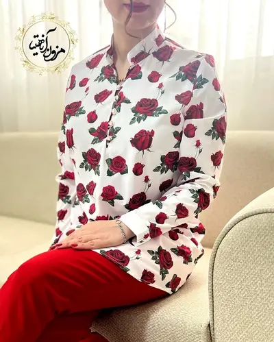 تونیک پنج دکمه سفید طرح گل رز قرمز