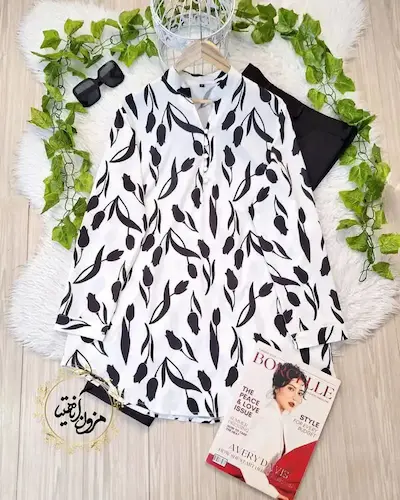 تونیک پنج دکمه سفید طرح گل لاله مشکی سایز-5-تخفیفی