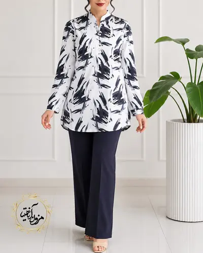 تونیک پنج دکمه سفید مشکی خطی آبرنگی مهشید