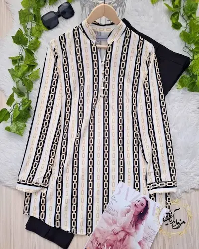 تونیک پنج دکمه سفید مشکی سایز بزرگ طرح راه راه زنجیری آرامیس سایز-6-تخفیفی