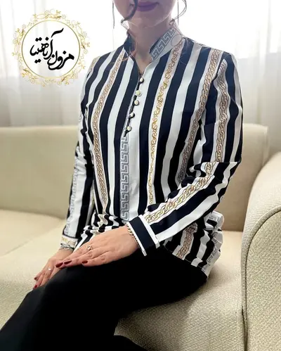 تونیک پنج دکمه سفید مشکی طرح راه راه زنجیری سودابه