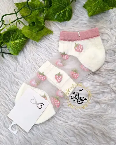 جوراب زنانه سفید طرح دو راه توری توت فرنگی