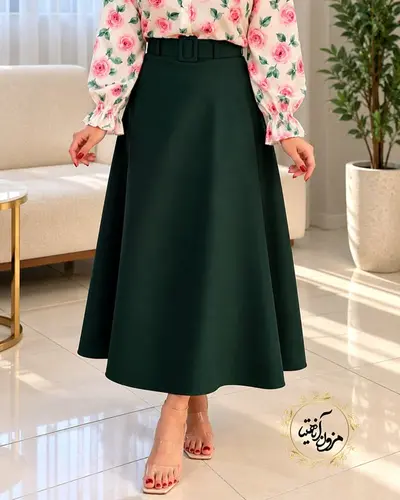 دامن زنانه سبز طرح نیم کلوش قد بلند ایلدا