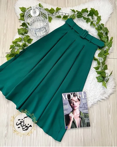 دامن زنانه مجلسی بلند سبز طرح پیله دار ماریا