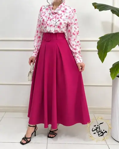 دامن زنانه مجلسی بلند سرخابی طرح پیله دار ماریا