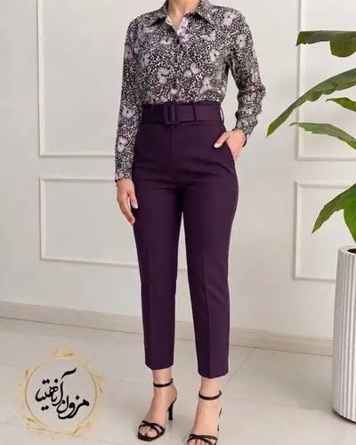 شلوار زنانه جیب نما بادمجونی تیره طرح با کمربند دانیلا