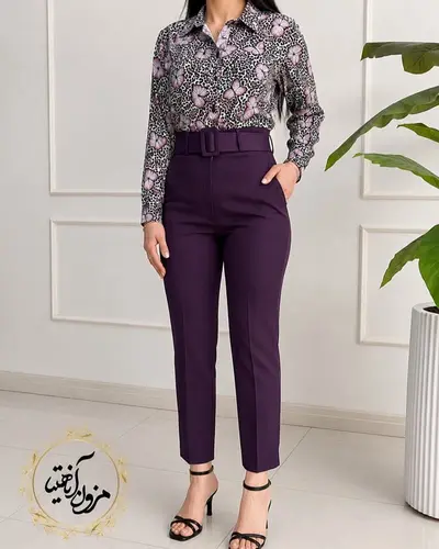 شلوار زنانه جیب نما بنفش طرح با کمربند دانیلا