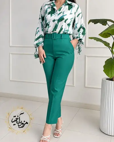 شلوار زنانه جیب نما سبز روشن طرح با کمربند دانیلا