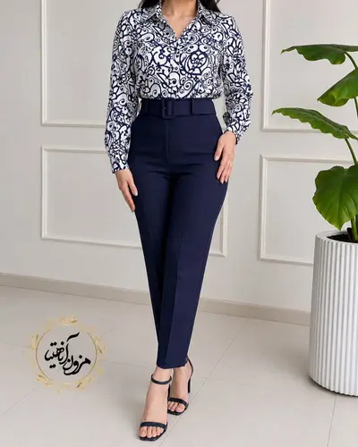 شلوار زنانه جیب نما سرمه ای طرح با کمربند دانیلا