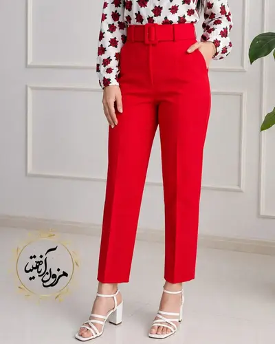 شلوار زنانه جیب نما قرمز طرح با کمربند دانیلا