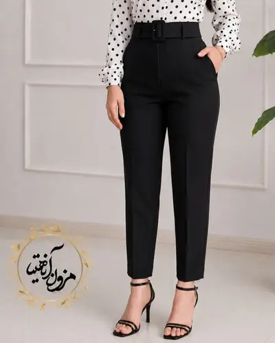شلوار زنانه جیب نما مشکی طرح با کمربند دانیلا