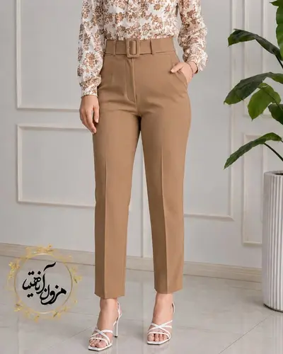 شلوار زنانه جیب نما نسکافه ای طرح با کمربند دانیلا