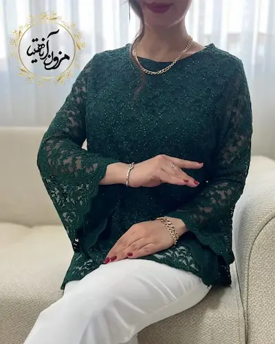 شومیز آستین شمشیری سبز تیره طرح گیپور زرین