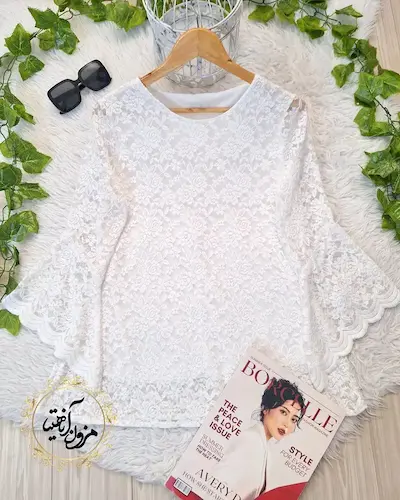 شومیز آستین شمشیری سفید طرح گیپور زرین