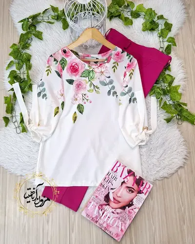 شومیز آستین واشری ریزشی سفید طرح رز صورتی آبرنگی رامند