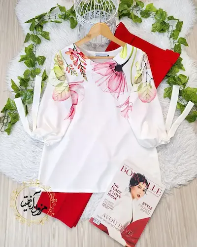 شومیز آستین واشری ریزشی سفید طرح گل لوتوس دیلان