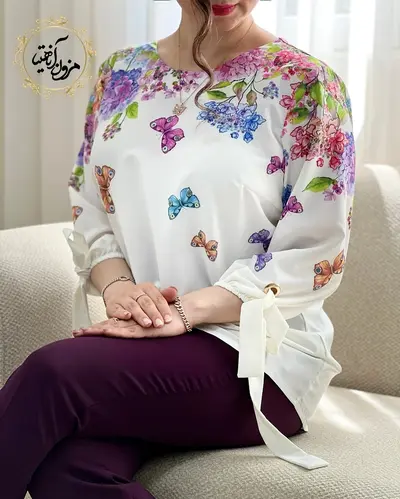 شومیز آستین واشری ریزشی سفید طرح گل و پروانه طراوت