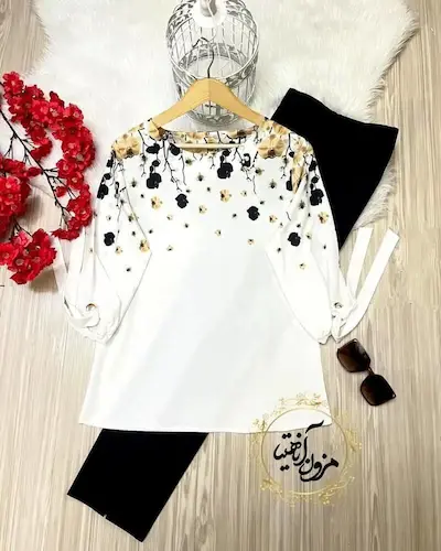 شومیز آستین واشری ریزشی شیری نسکافه ای طرح شکوفه باران سایز-2-تخفیفی