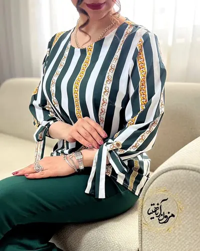شومیز آستین واشری سبز سفید طرح راه راه زنجیری ماهور