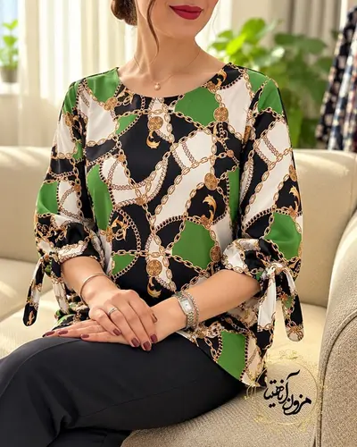 شومیز آستین واشری سبز مشکی طرح ورساچه زنجیری