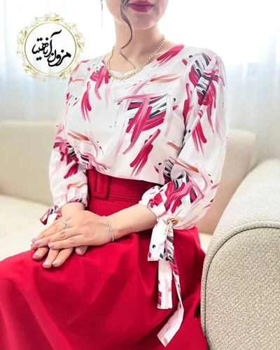شومیز آستین واشری سفید سرخابی طرح خطی آبرنگی آرا سایز-5-تخفیفی