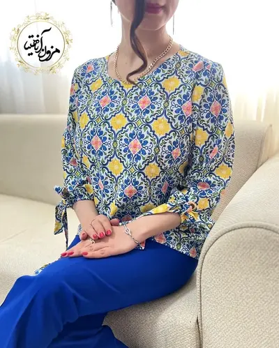 شومیز آستین واشری سفید طرح سنتی رنگی میشل