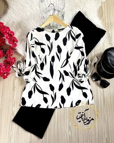 شومیز آستین واشری سفید طرح لاله مشکی سایز-3-تخفیفی