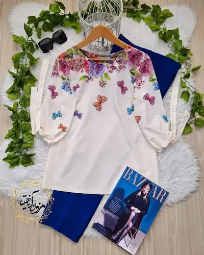 شومیز آستین واشری ریزشی سفید طرح گل و پروانه طراوت سایز-2-تخفیفی