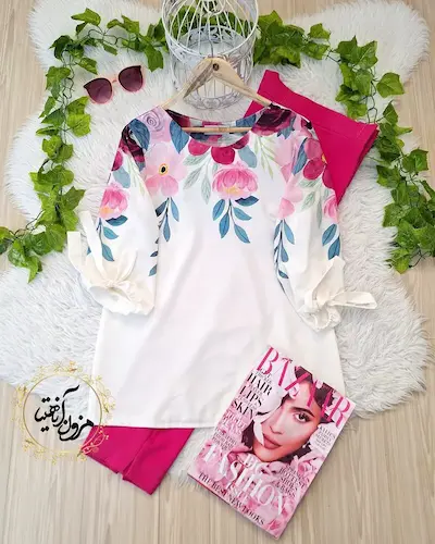 شومیز آستین واشری ریزشی سفید طرح گلهای درشت سرخابی الناز سایز-5-تخفیفی