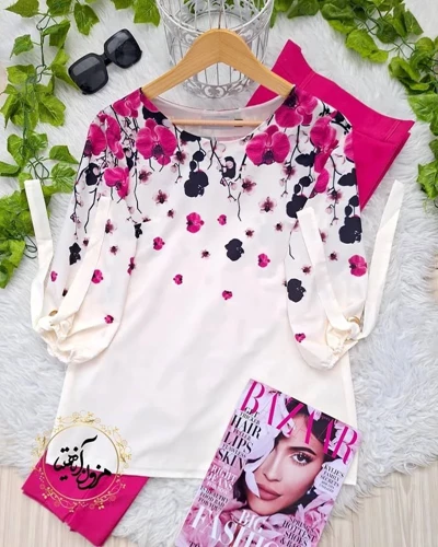 شومیز آستین واشری شیری سرخابی طرح شکوفه باران سایز-2-تخفیفی