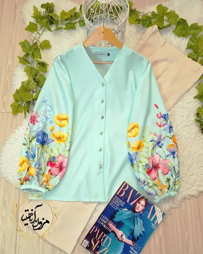 شومیز آستین پفی سبز طرح گلهای زرد رنگی مژگان