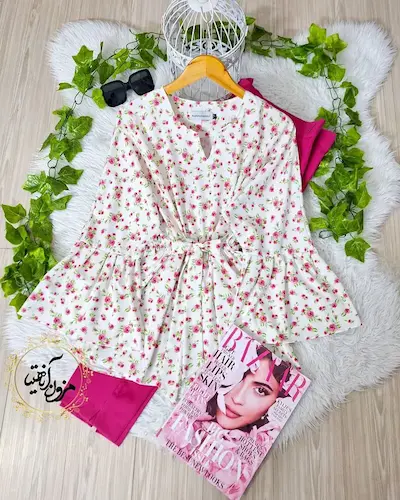 شومیز آستین کلوش سفید طرح مینی رز شبنم