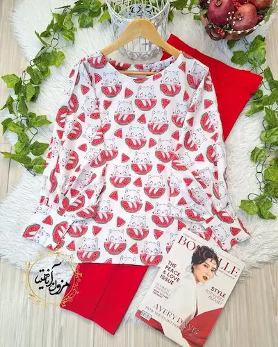 شومیز آستین کیمونو بگ سفید طرح گربه هندونه ای