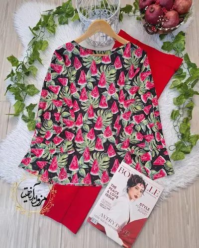 شومیز آستین کیمونو بگ مشکی طرح هندونه برگ سبز آذرین