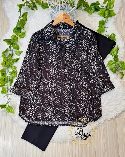 شومیز آستین کیمونو سفید مشکی طرح باکسی پلنگی