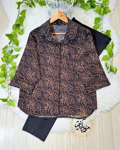شومیز آستین کیمونو قهوه ای مشکی طرح باکسی پلنگی