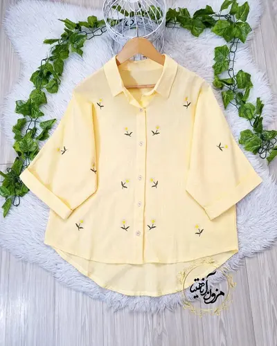 شومیز آستین کیمونو لیمویی طرح گلدوزی آفتاب گردون