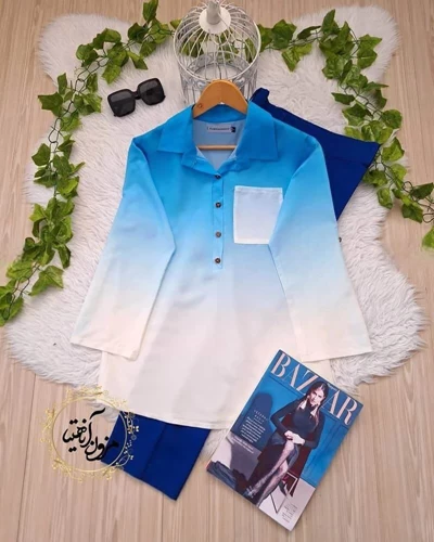 شومیز جلو بسته آبی سفید طرح ایتالیایی سایز-1-تخفیفی