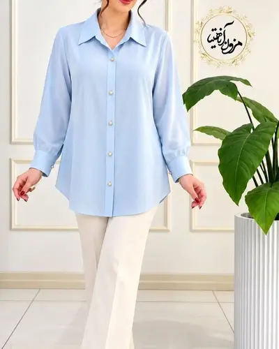 شومیز جلو دکمه الیزه آبی طرح ریحان
