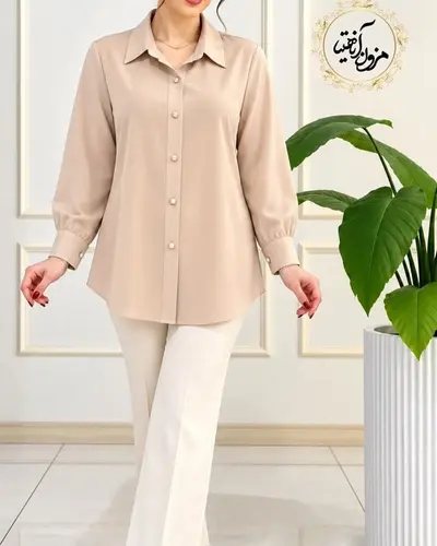شومیز جلو دکمه الیزه نسکافه ای روشن طرح ریحان