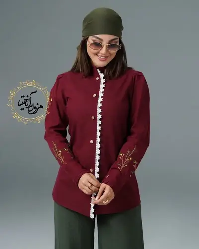 شومیز جلو دکمه دانتل دار آلبالویی طرح گلدوزی صحرا